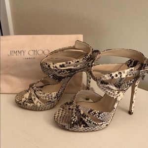 Jimmy Choo Snakeskin Print Strappy Platform Heels in Beige and Black